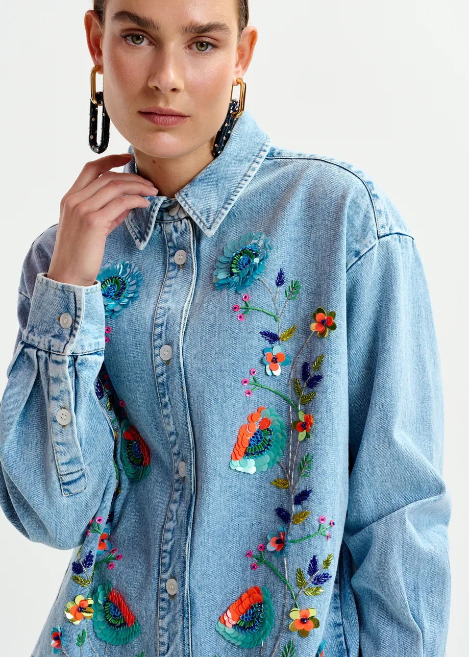 Blue and multicolor denim shirt with sequin flower embellishments