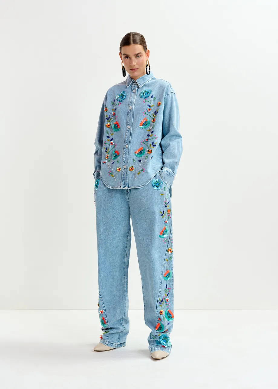 Blue and multicolor denim shirt with sequin flower embellishments