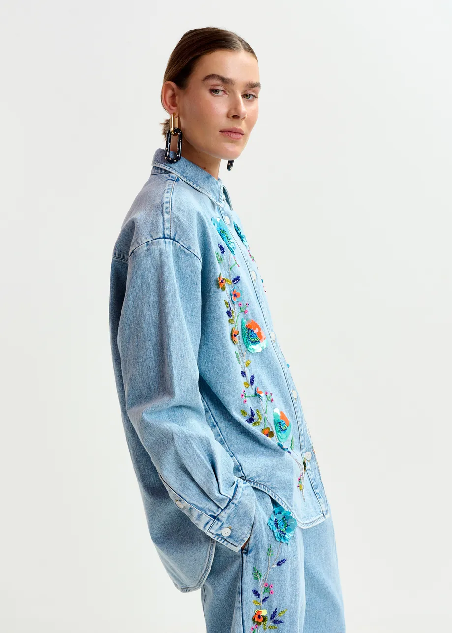 Blue and multicolor denim shirt with sequin flower embellishments