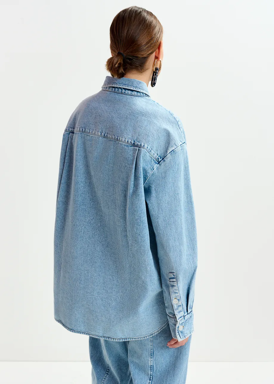 Blue and multicolor denim shirt with sequin flower embellishments