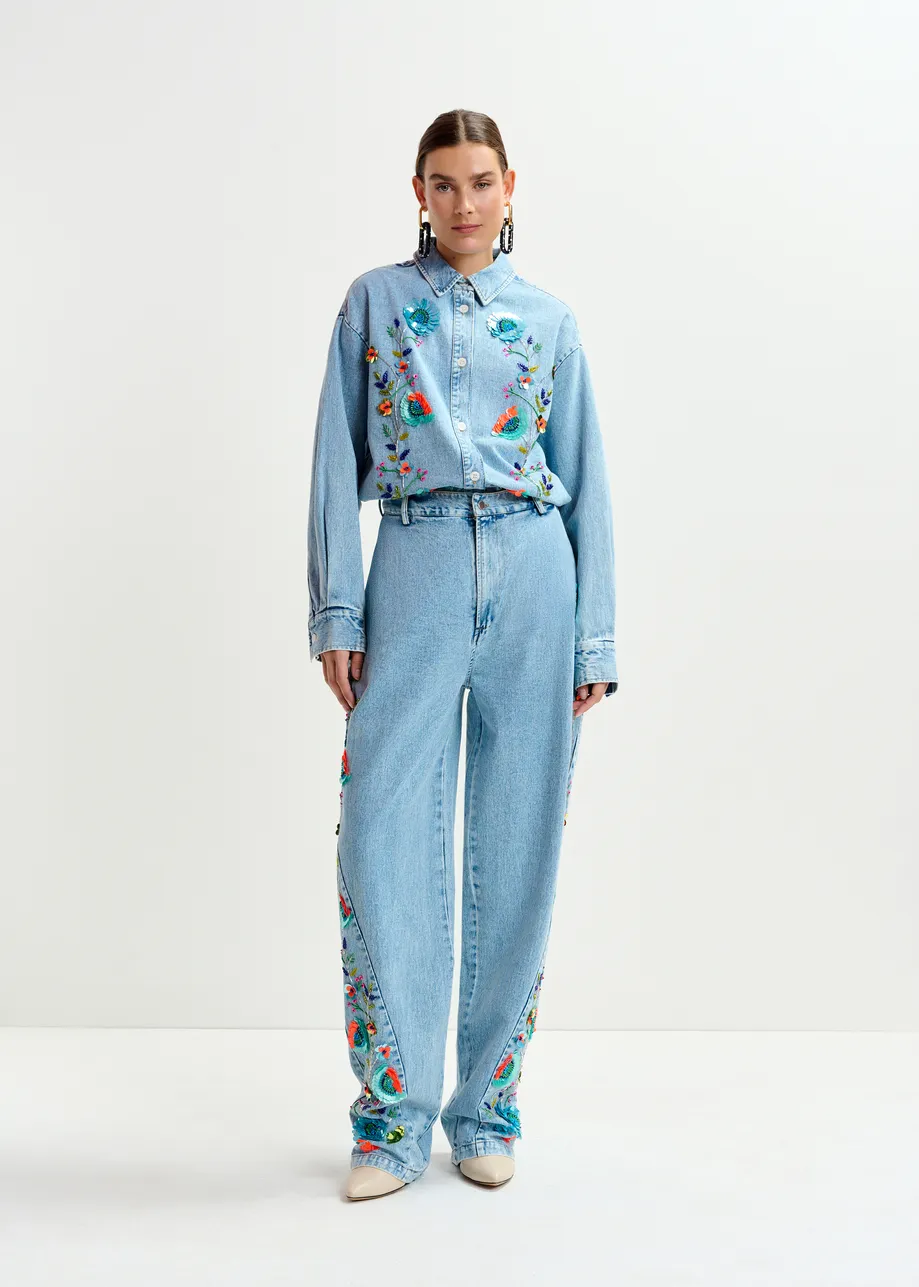 Blue and multicolor denim shirt with sequin flower embellishments