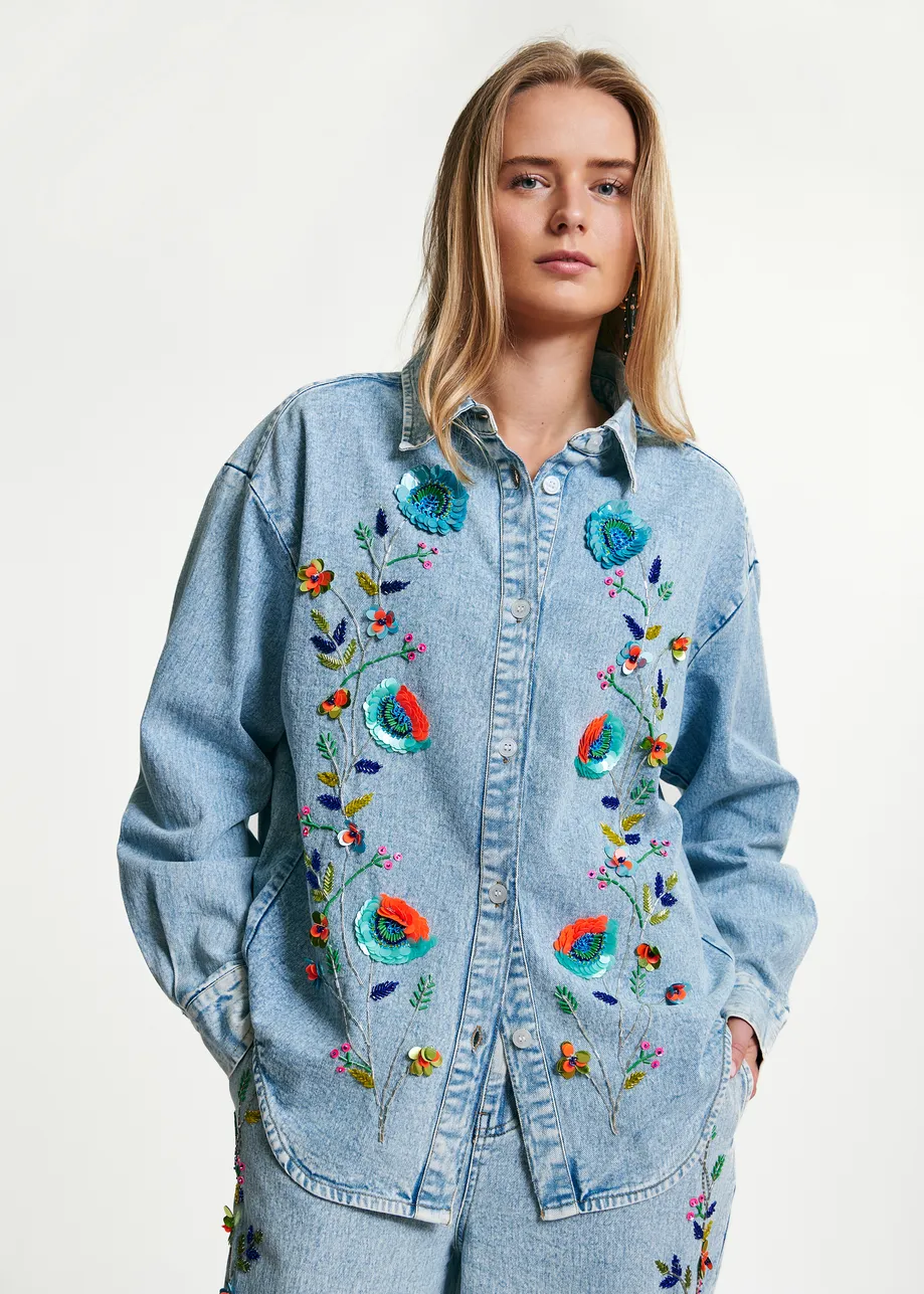 Blue and multicolor denim shirt with sequin flower embellishments