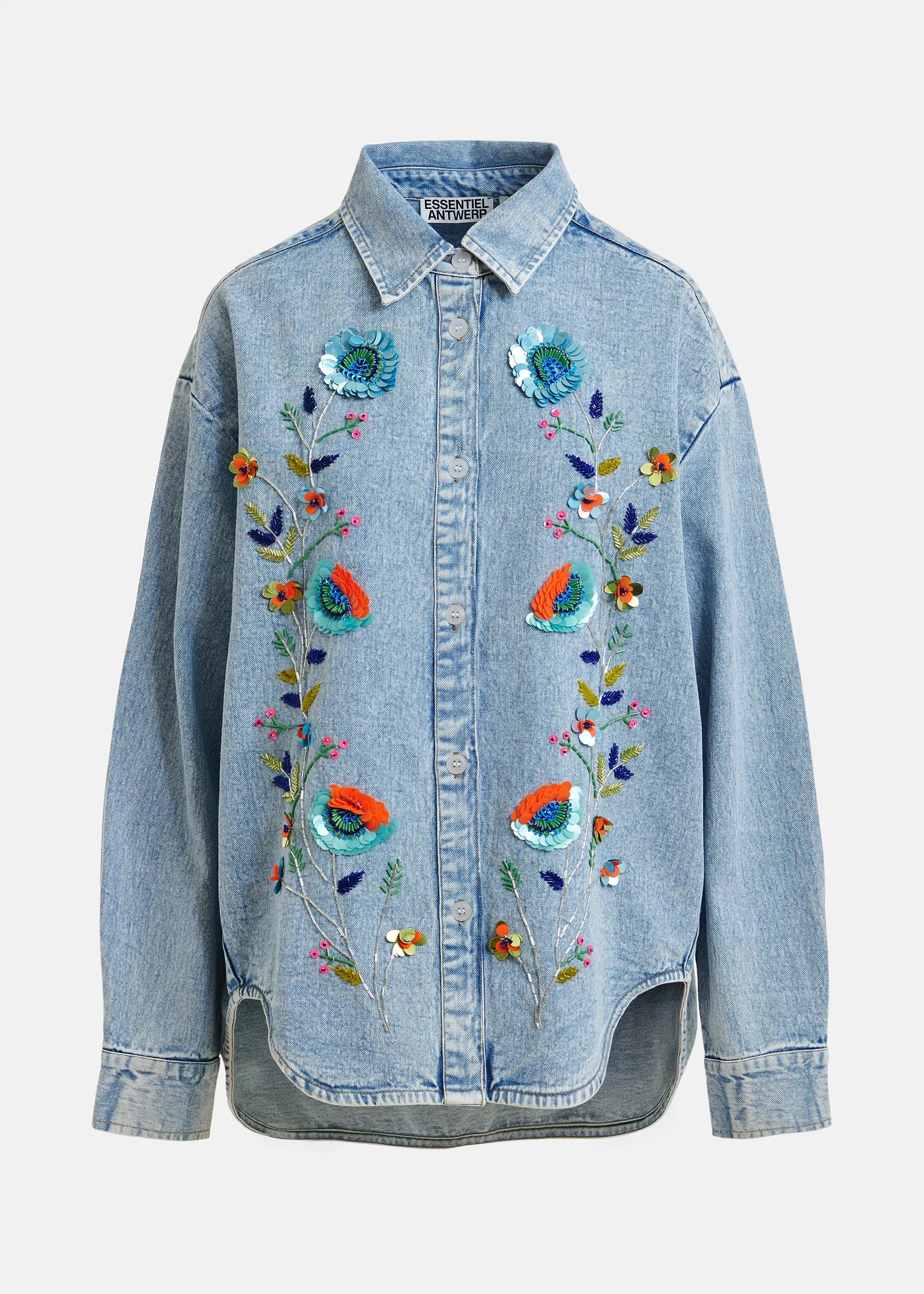 Blue and multicolor denim shirt with sequin flower embellishments