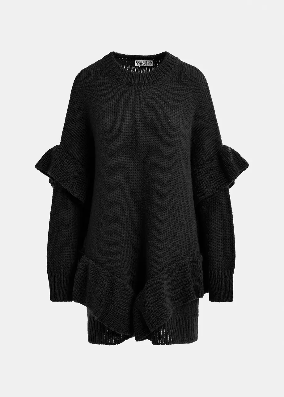 Black ruffled wool-blend knit mini dress