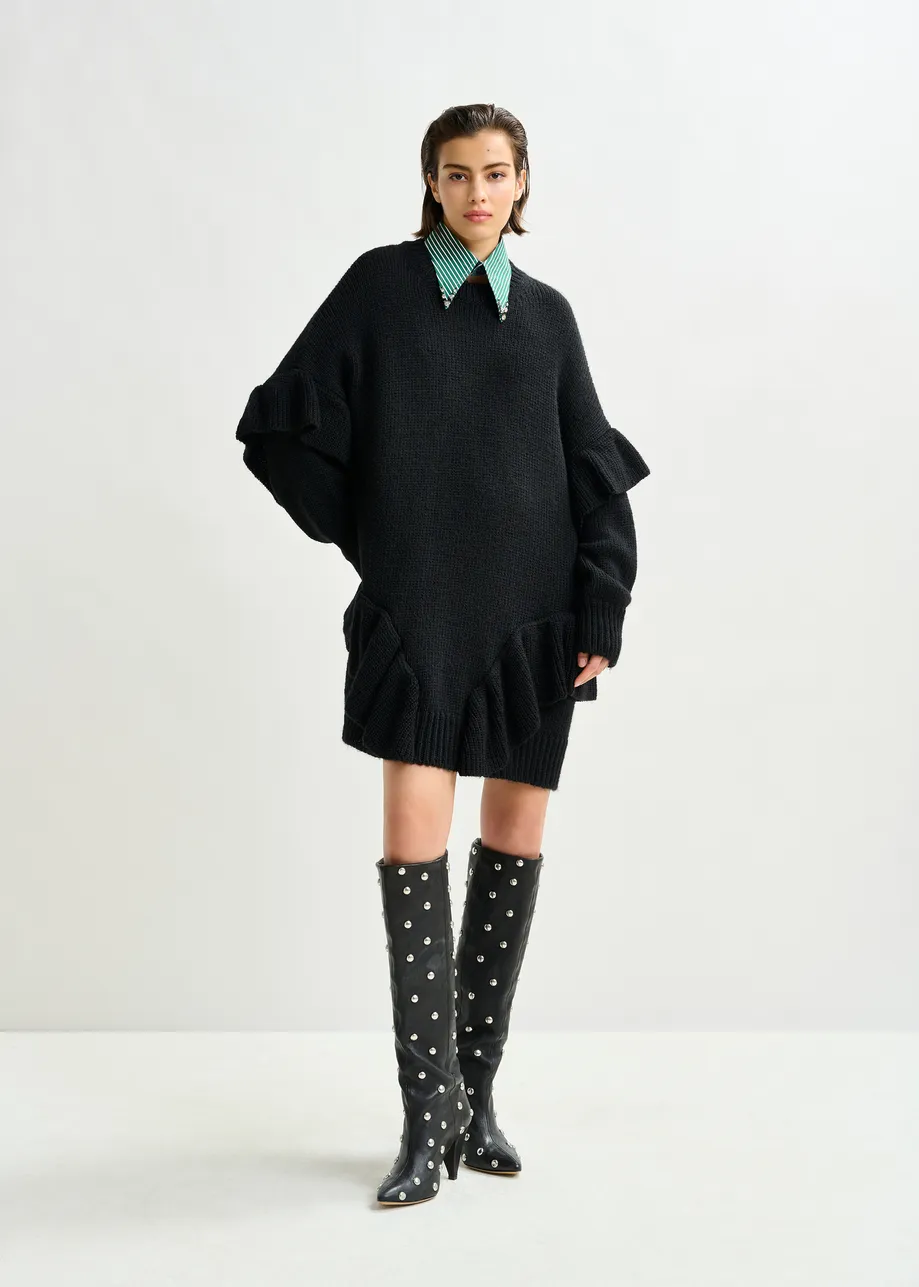 Black ruffled wool-blend knit mini dress