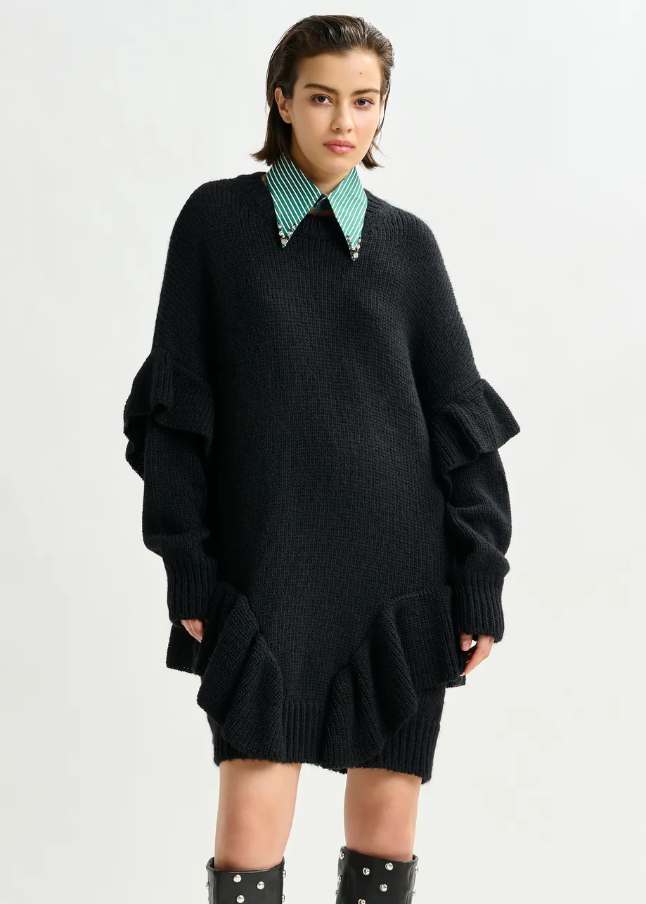 Black ruffled wool-blend knit mini dress