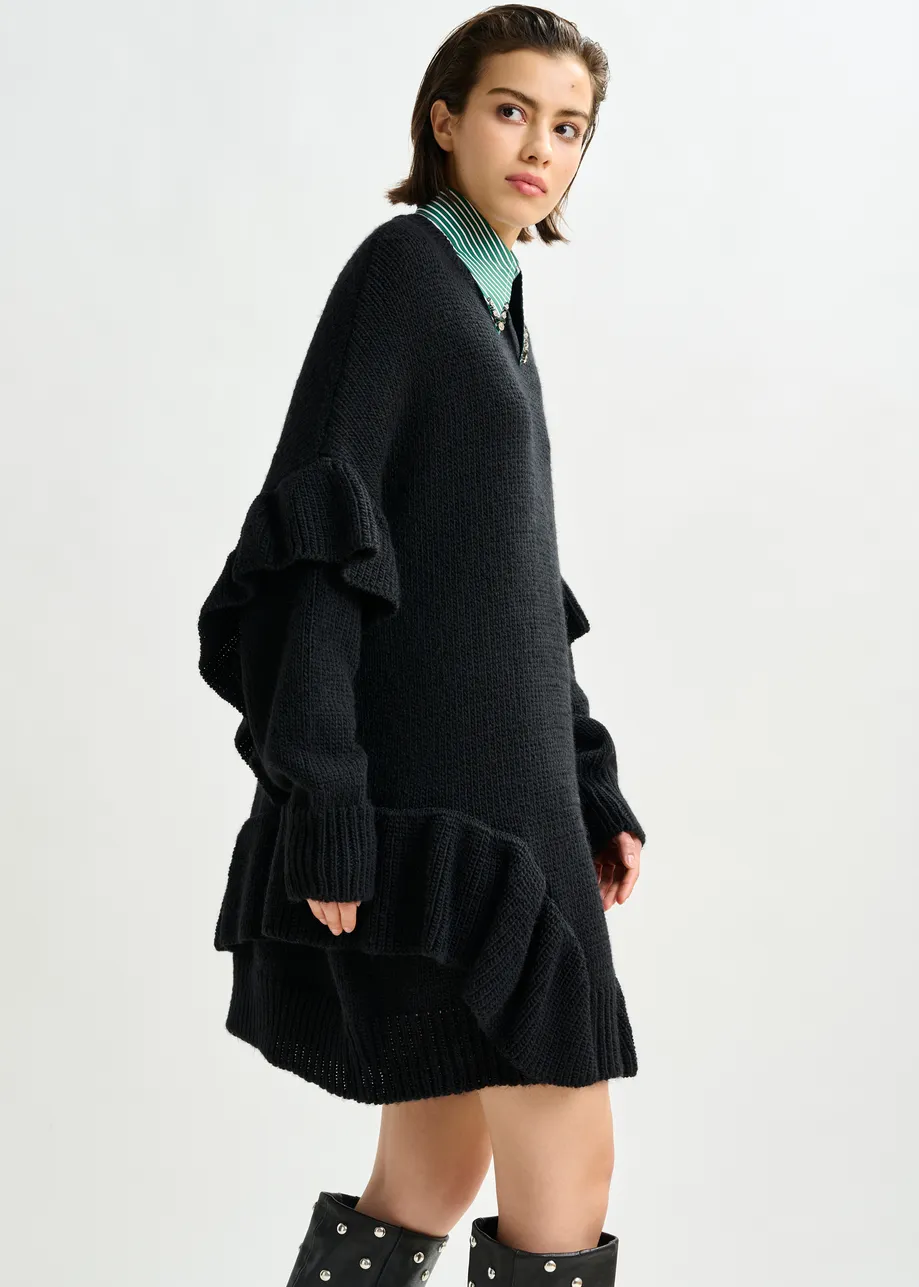 Black ruffled wool-blend knit mini dress