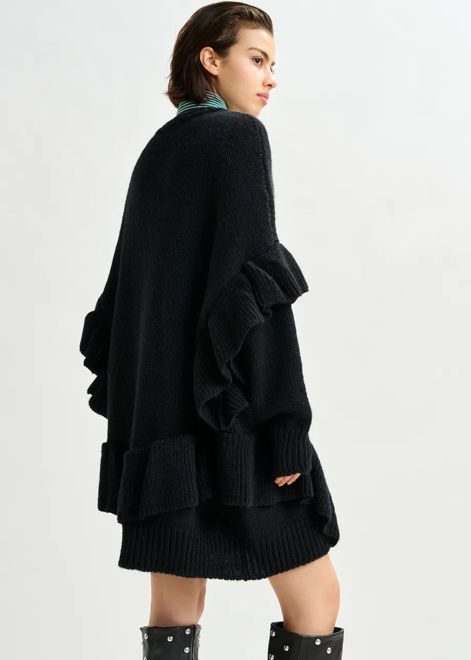 Black ruffled wool-blend knit mini dress
