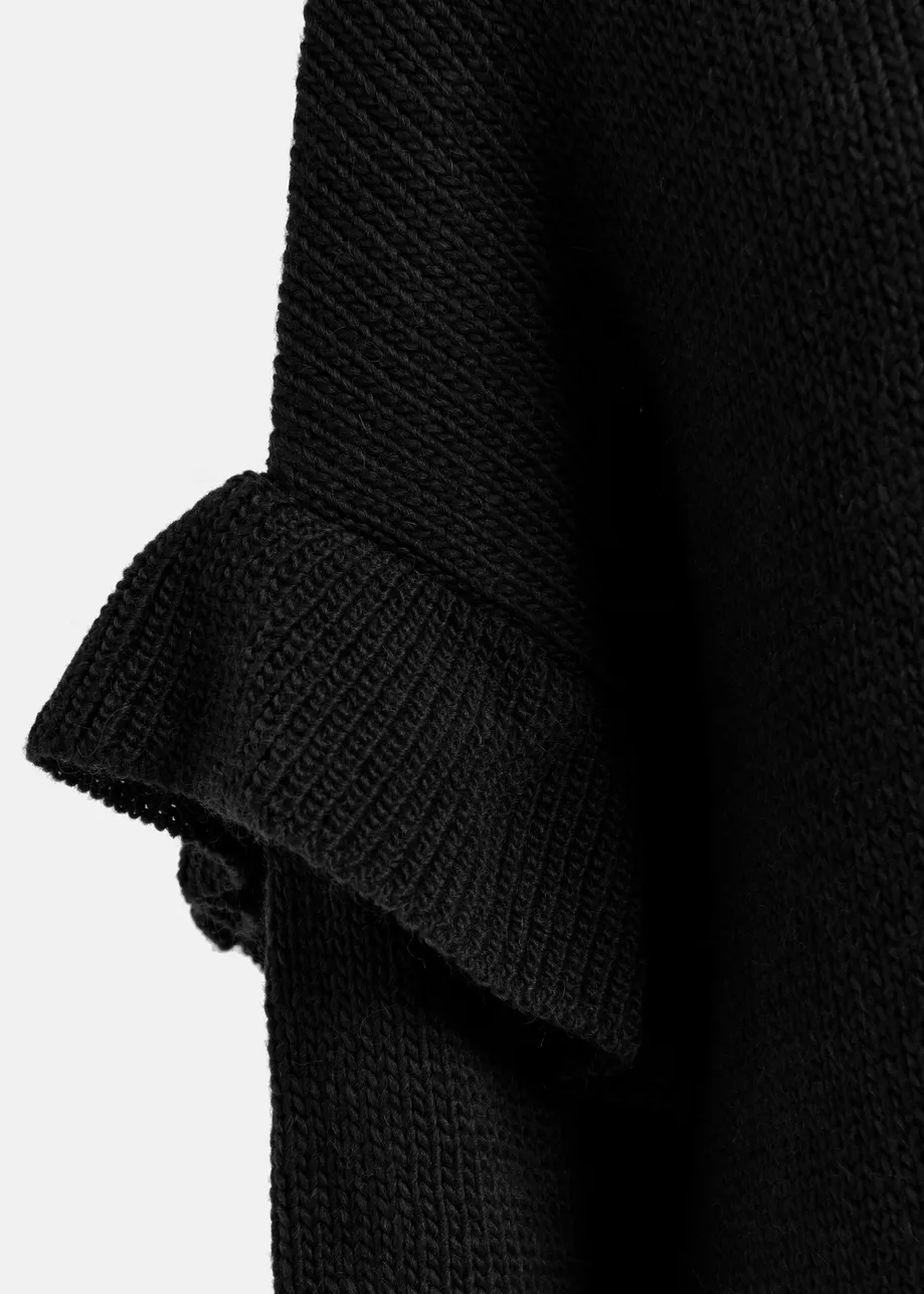 Black ruffled wool-blend knit mini dress