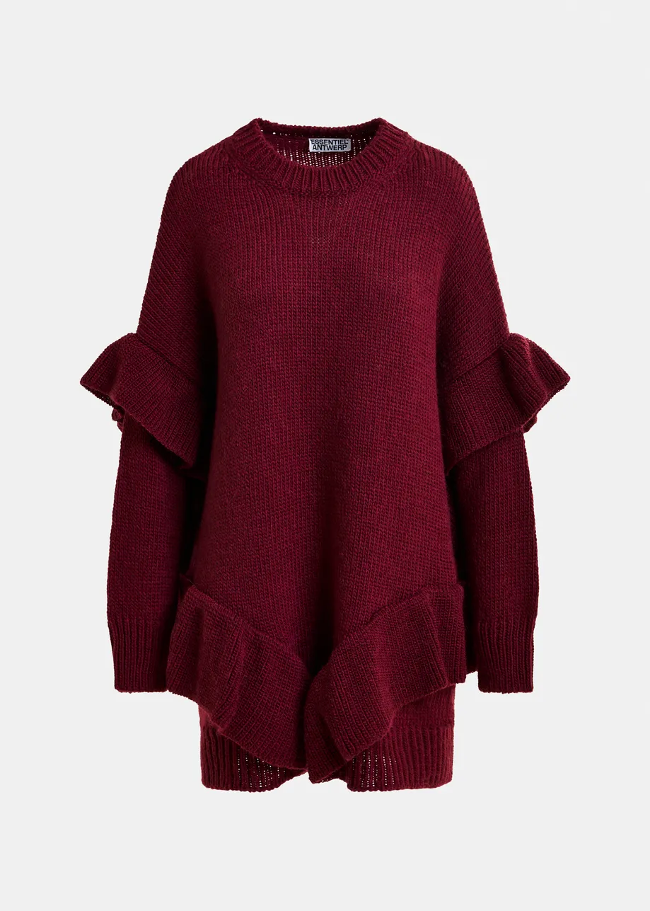 Burgundy ruffled wool-blend knit mini dress