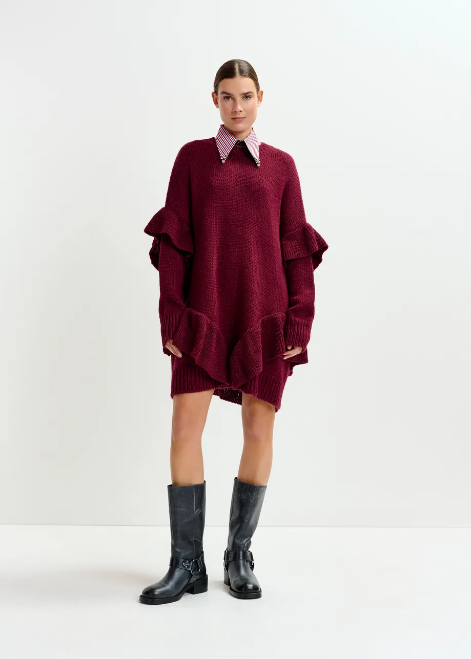 Burgundy ruffled wool-blend knit mini dress