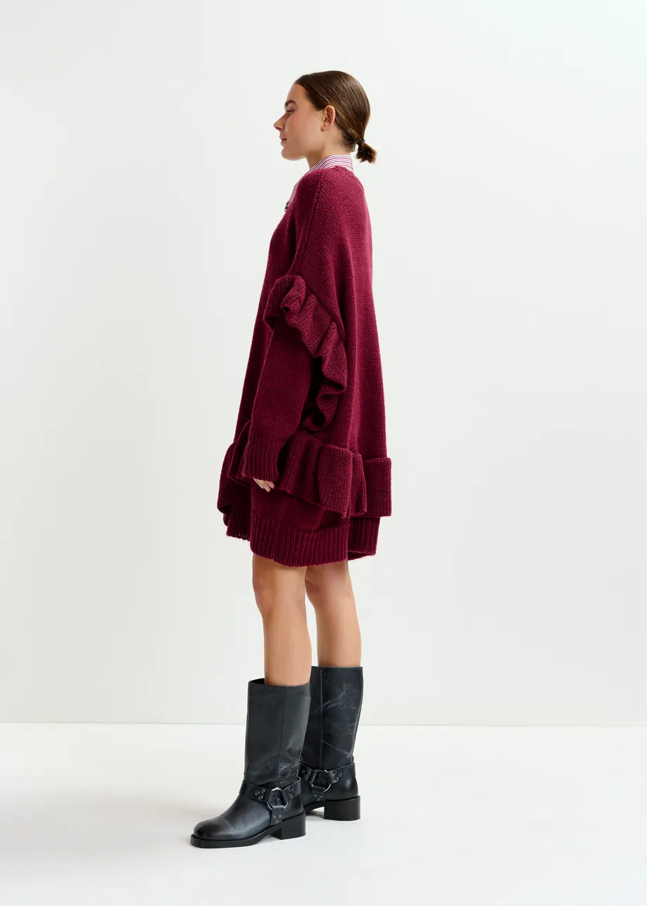 Burgundy ruffled wool-blend knit mini dress