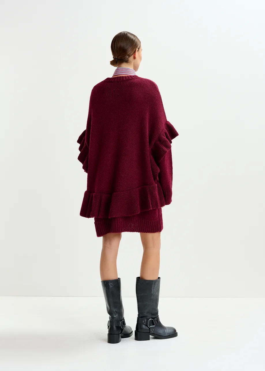 Burgundy ruffled wool-blend knit mini dress