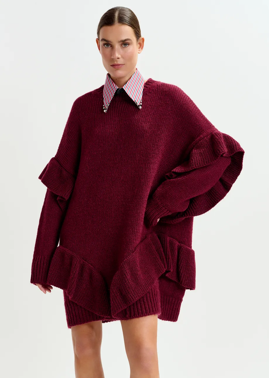 Burgundy ruffled wool-blend knit mini dress