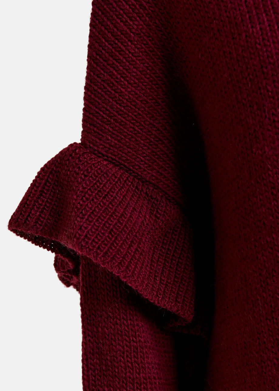 Burgundy ruffled wool-blend knit mini dress