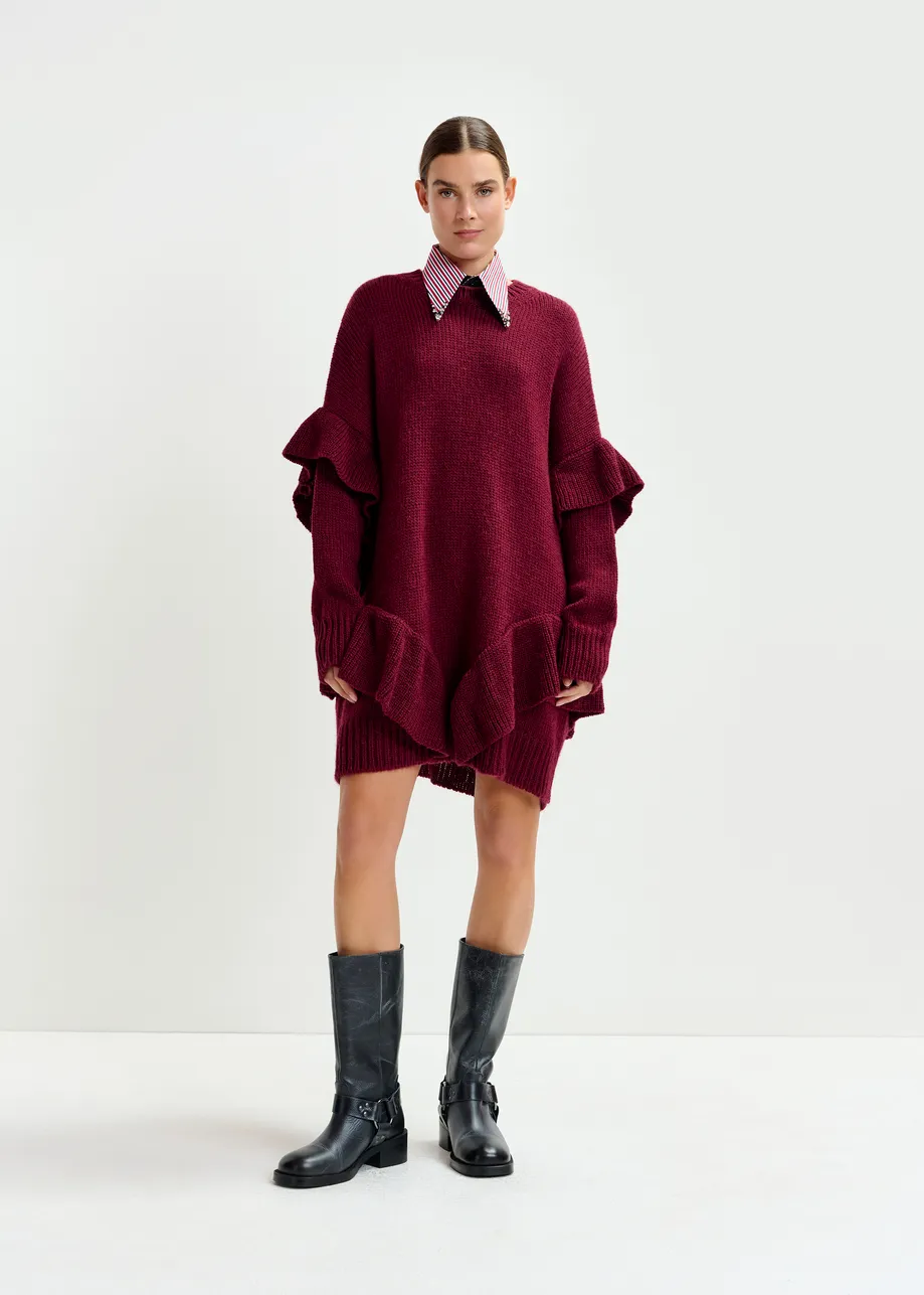 Bordeaux wolmix mini-jurk met volants