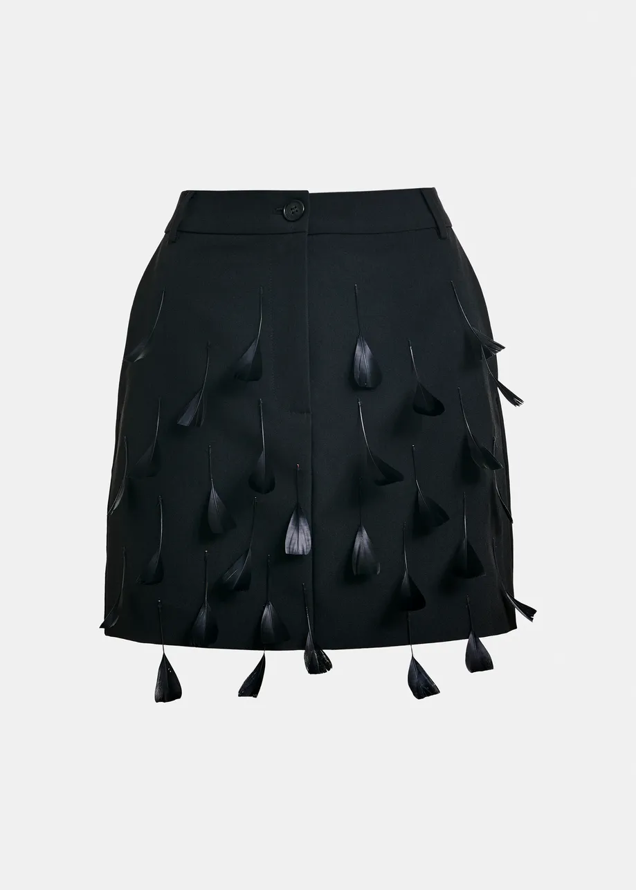 Black feather-embellished A-line mini skirt