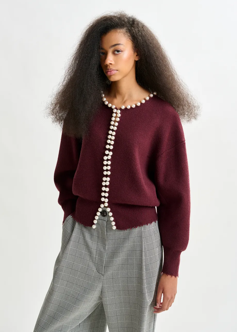 Burgundy pearl-embellished cardigan