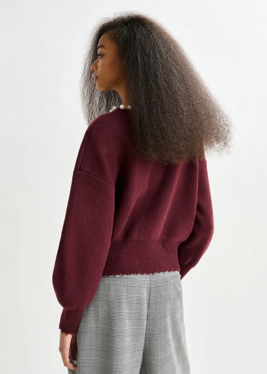 Burgundy pearl-embellished cardigan