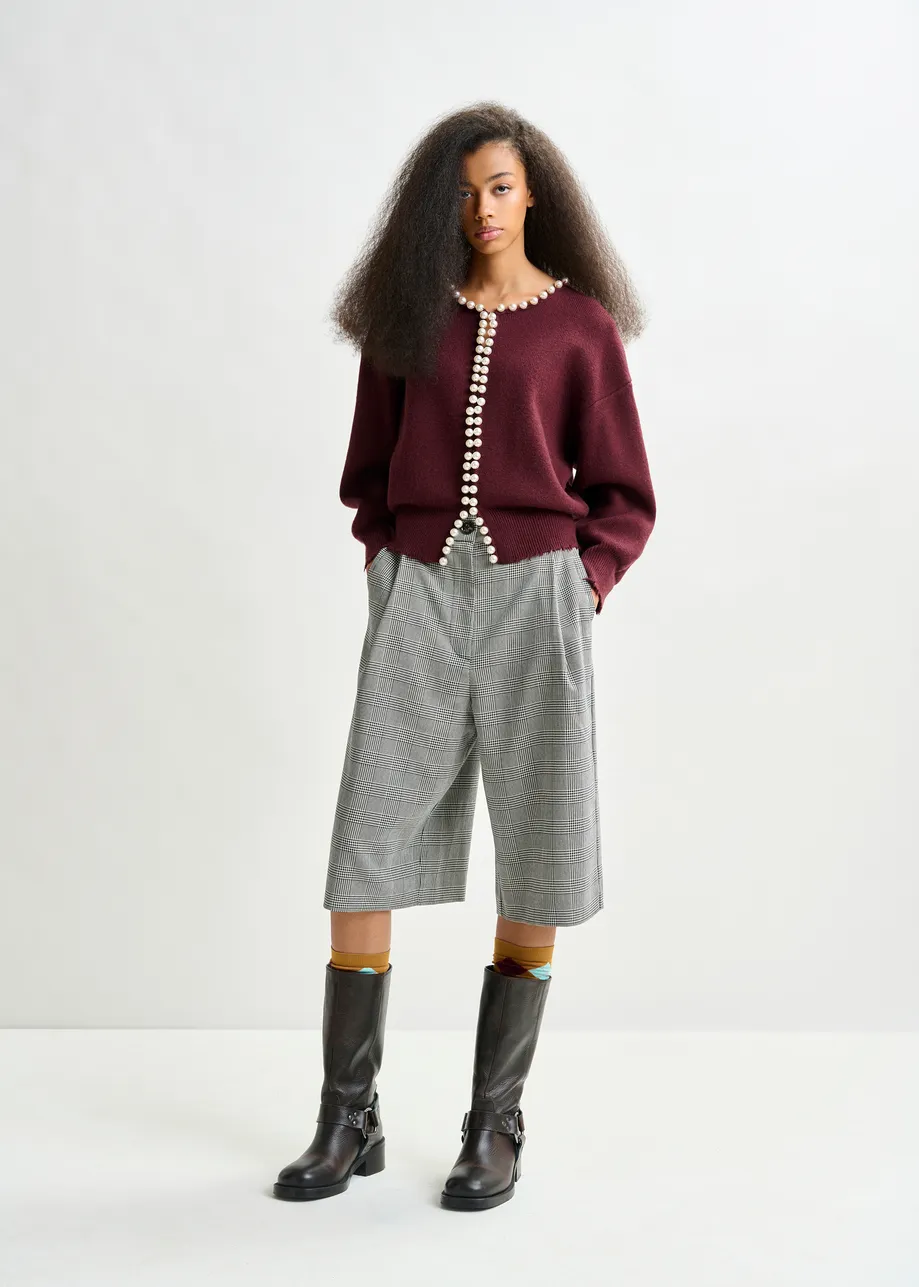Burgundy pearl-embellished cardigan