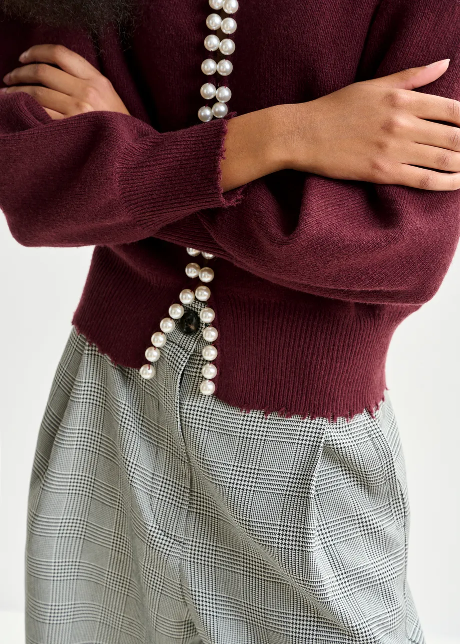 Burgundy pearl-embellished cardigan