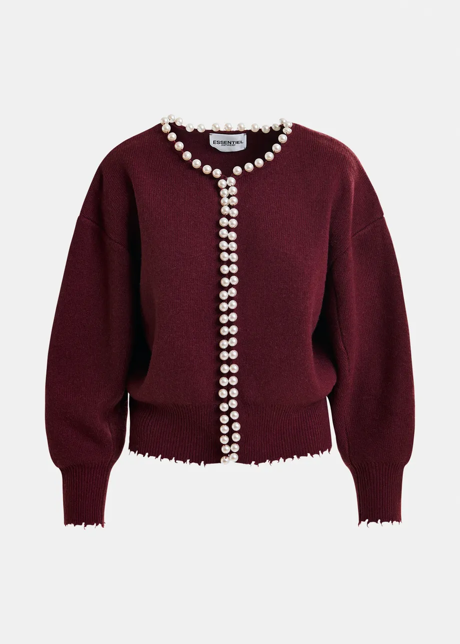 Burgundy pearl-embellished cardigan