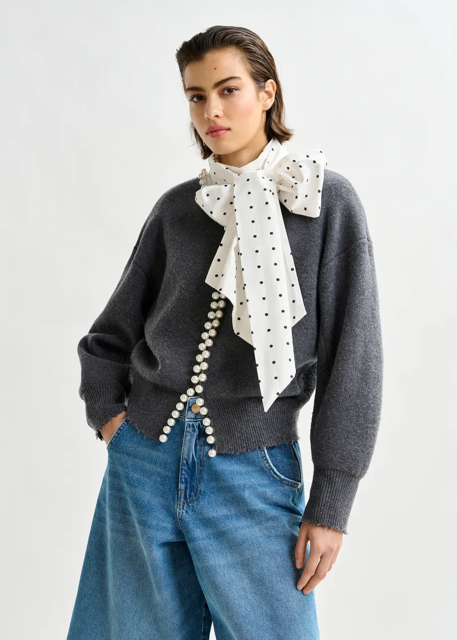 Grey pearl-embellished cardigan