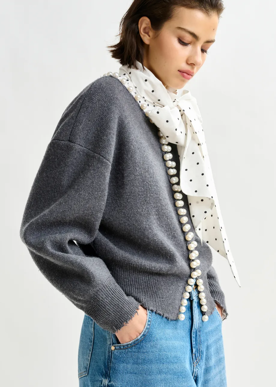 Grey pearl-embellished cardigan