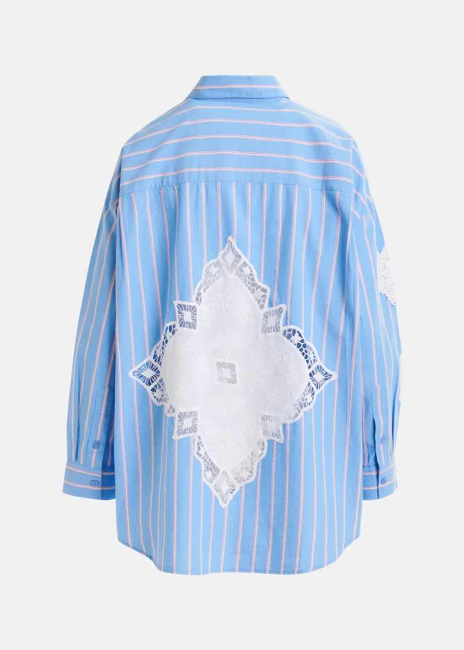 Light blue, red and white striped cotton shirt with lace patchwork