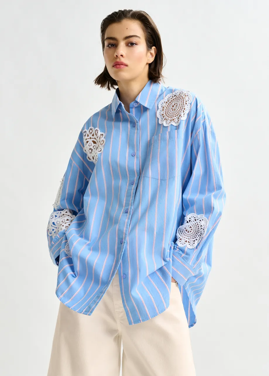 Light blue, red and white striped cotton shirt with lace patchwork