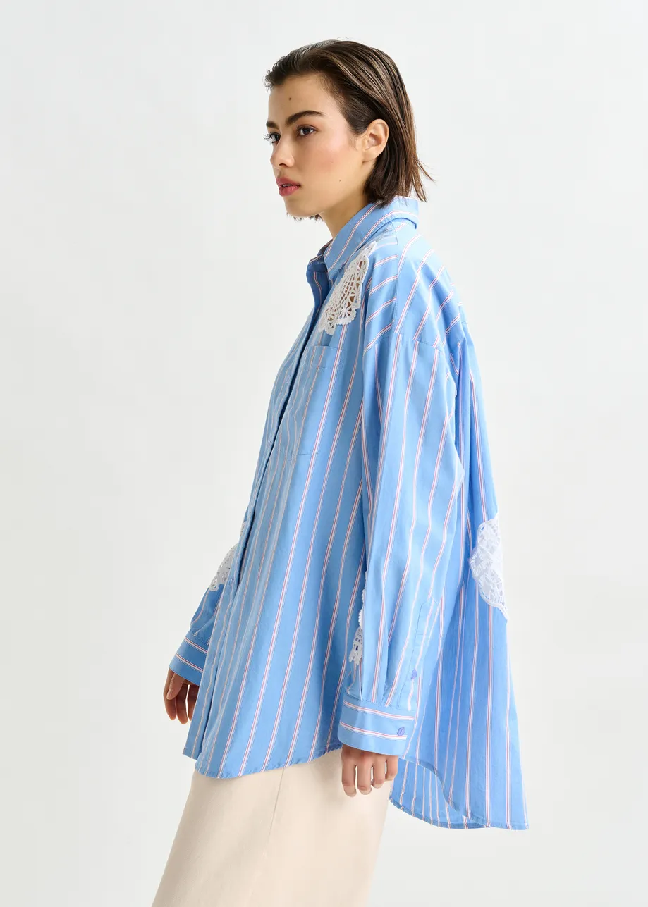 Light blue, red and white striped cotton shirt with lace patchwork