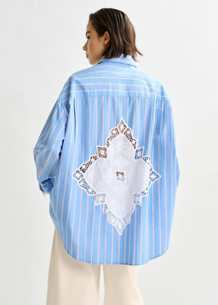 Light blue, red and white striped cotton shirt with lace patchwork