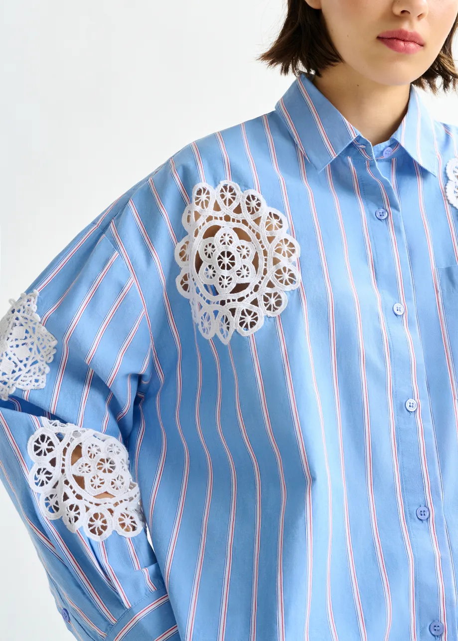 Light blue, red and white striped cotton shirt with lace patchwork