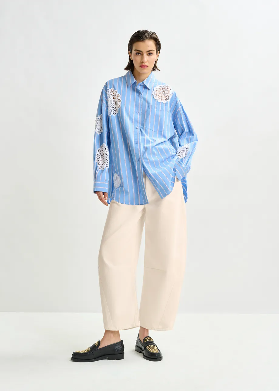 Light blue, red and white striped cotton shirt with lace patchwork