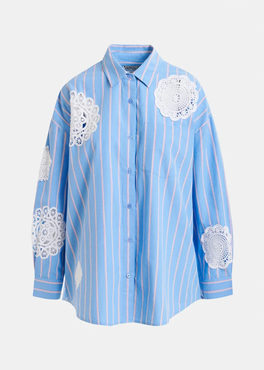 Light blue, red and white striped cotton shirt with lace patchwork