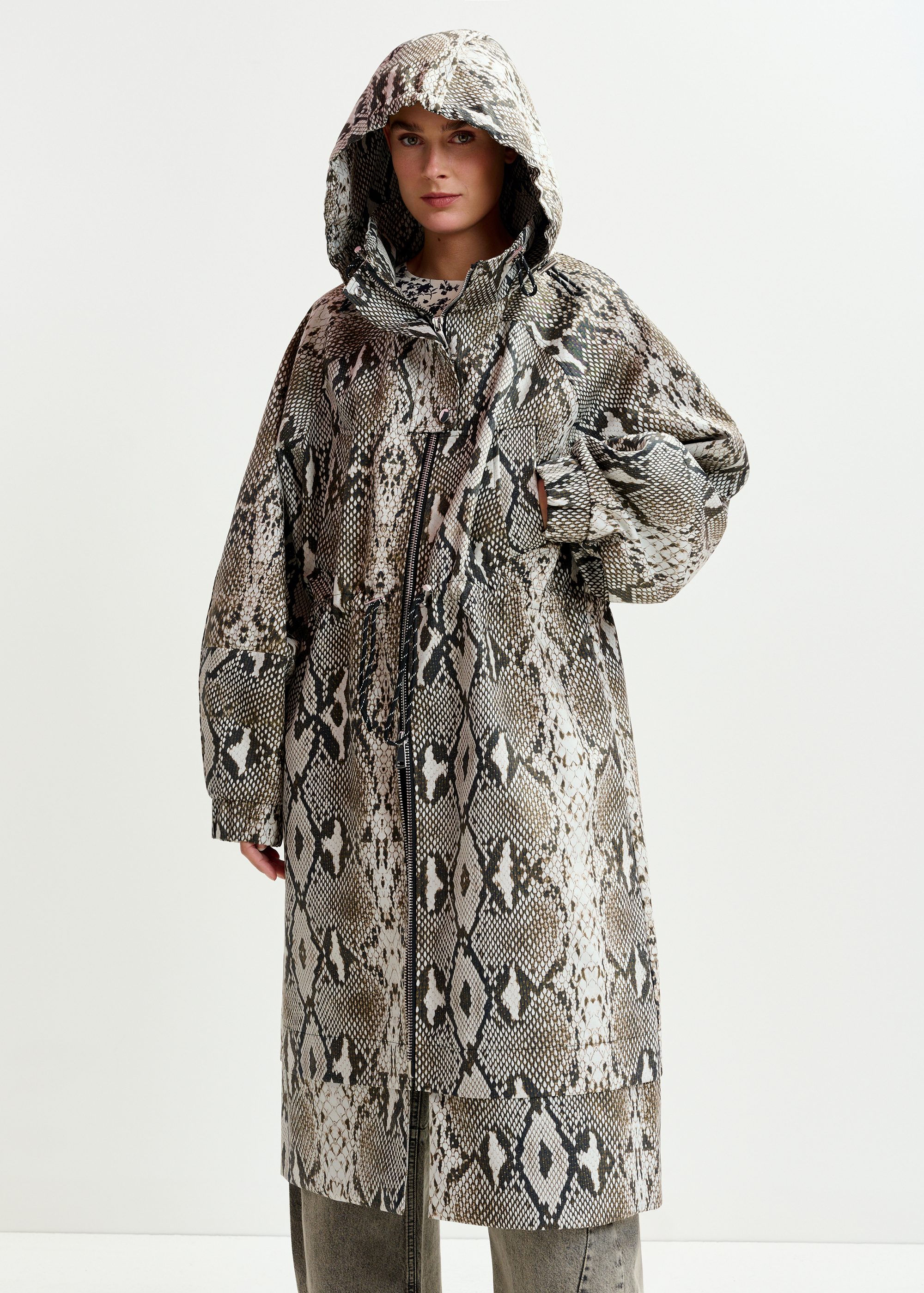 Green, beige and black oversized hooded raincoat | Essentiel