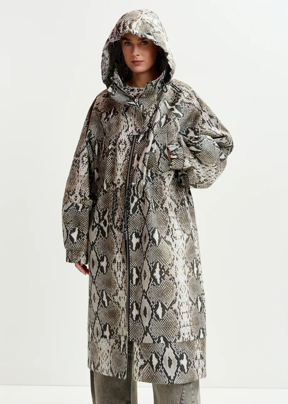 Green, beige and black oversized hooded raincoat