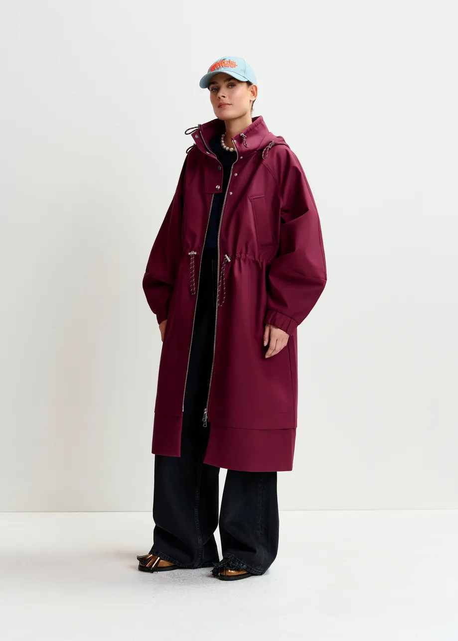 Burgundy oversized hooded raincoat