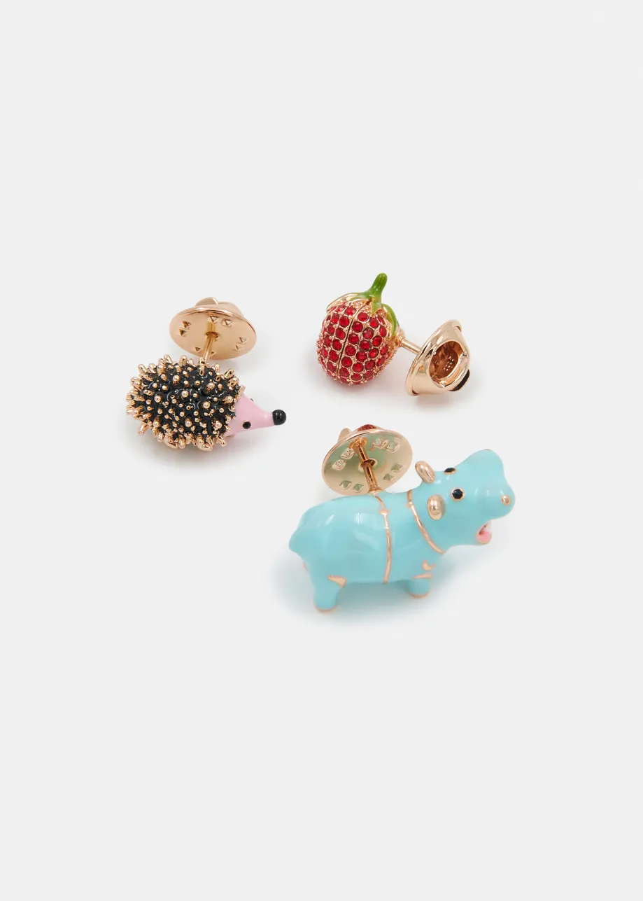 Light blue, red and black trio of enamel and rhinestone-encrushed pins