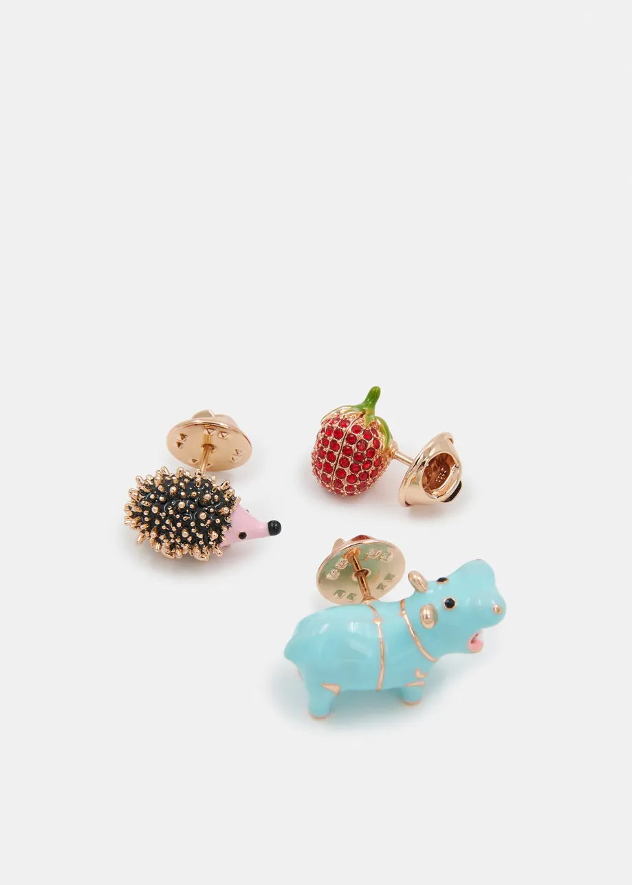Light blue, red and black trio of enamel and rhinestone-encrushed pins