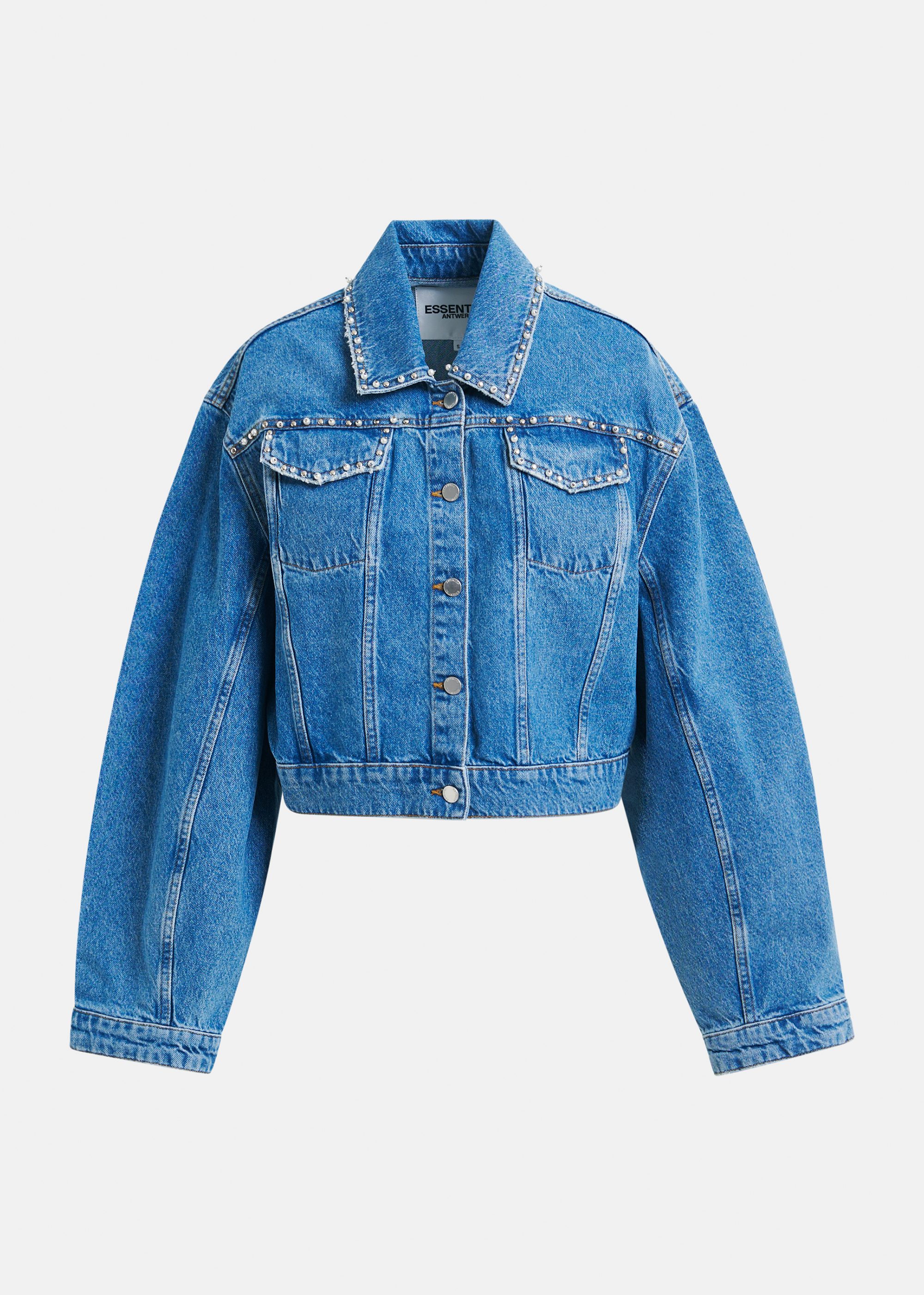 Blue cropped denim jacket with pearl and stud embellishments