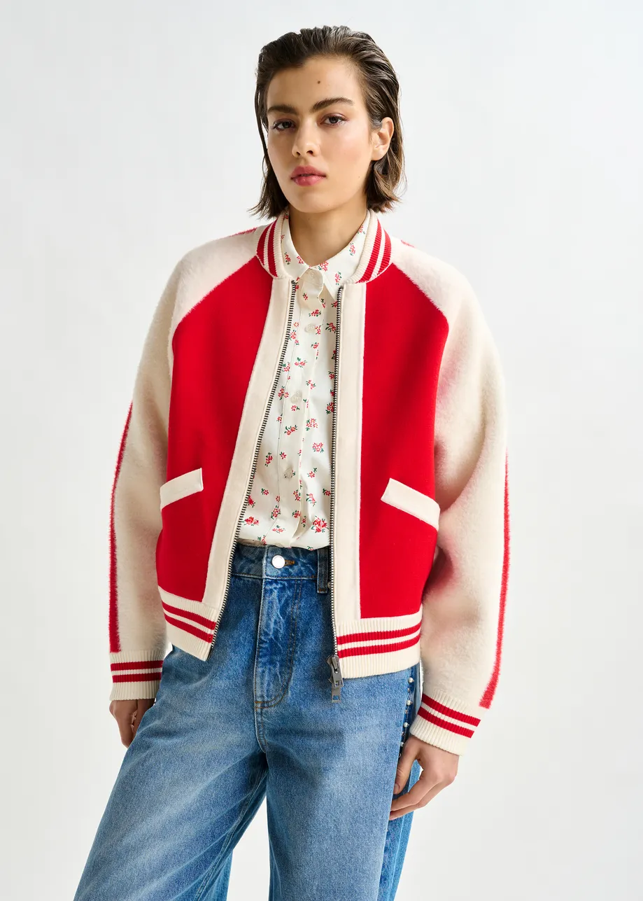 Off-white and red faux fur-panelled knitted bomber jacket