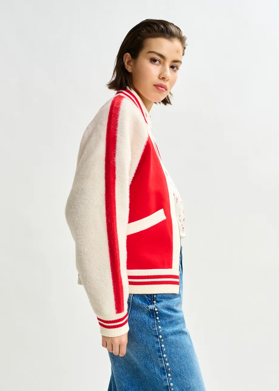 Off-white and red faux fur-panelled knitted bomber jacket