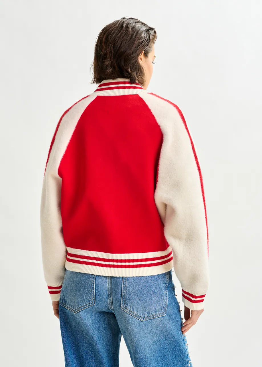 Off-white and red faux fur-panelled knitted bomber jacket