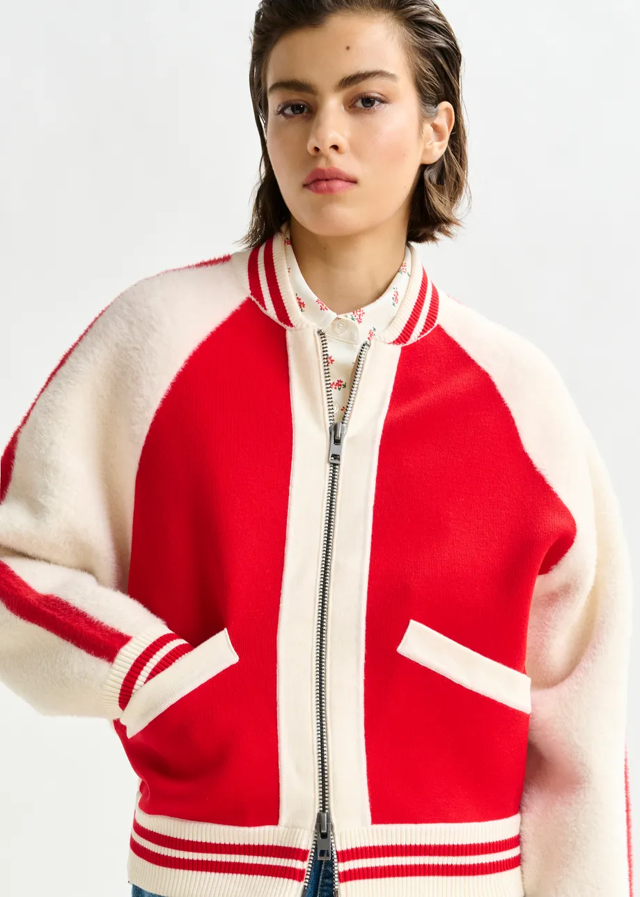 Off-white and red faux fur-panelled knitted bomber jacket