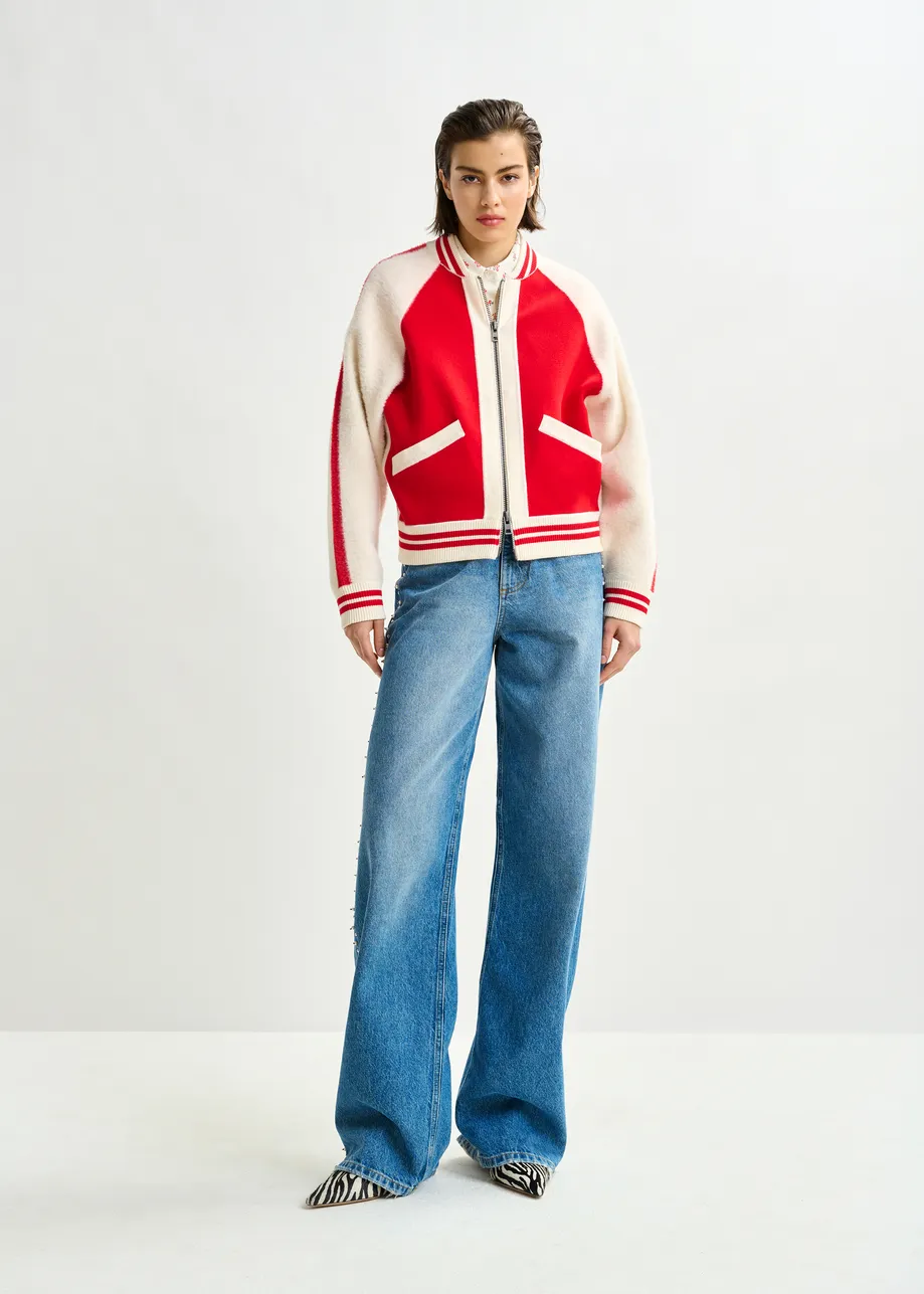 Off-white and red faux fur-panelled knitted bomber jacket