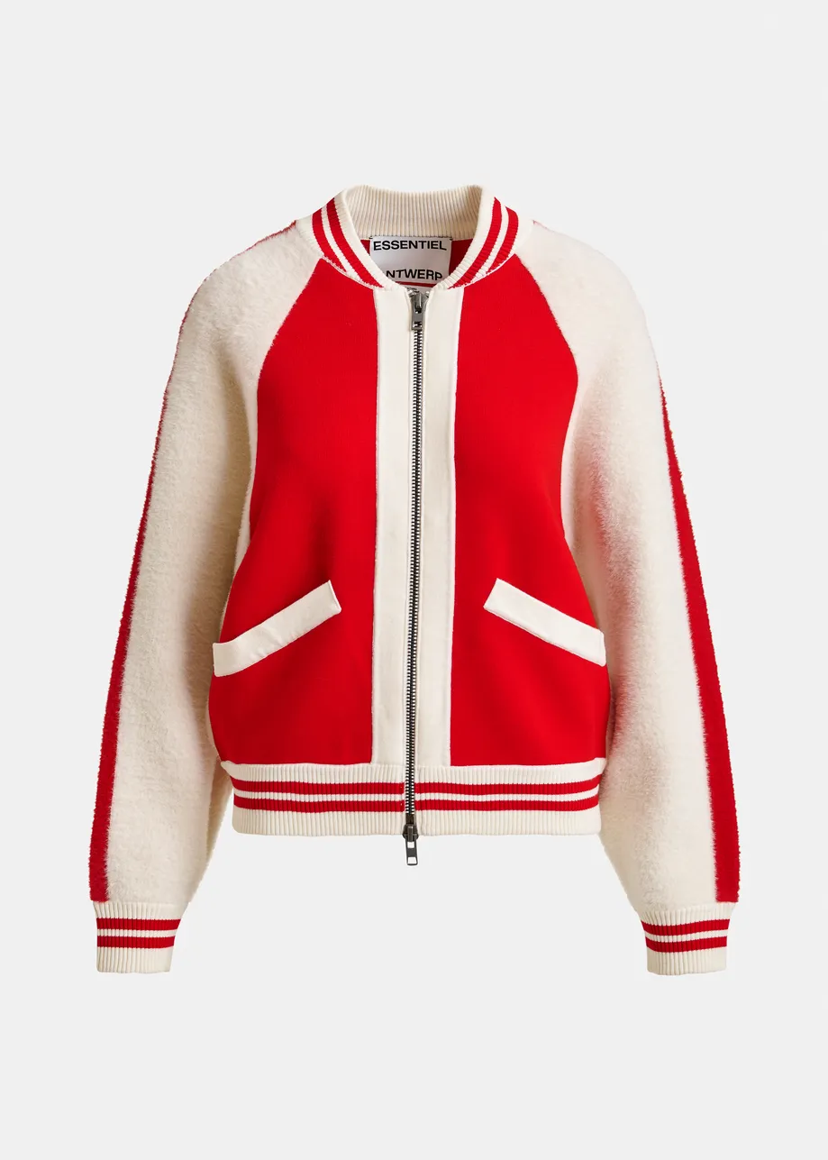 Off-white and red faux fur-panelled knitted bomber jacket