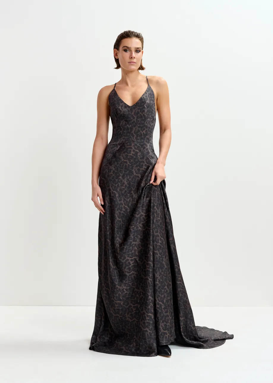 Brown and black leopard print maxi slip dress