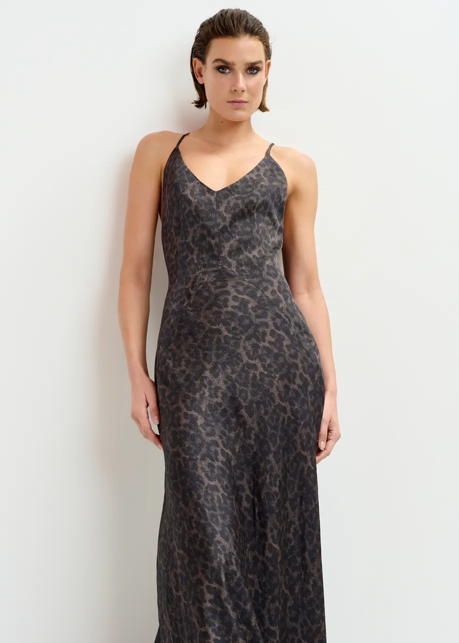 Brown and black leopard print maxi slip dress