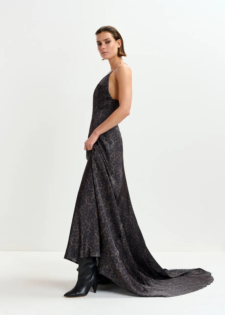 Brown and black leopard print maxi slip dress